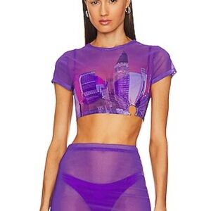 💜 Lovewave Purple Haze Cityscape Mesh Crop Top Revolve S Y2K Sheer Streetwear 💜